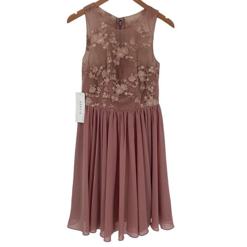 Azazie Victoria Sheer Embroidered Sleeveless Knee Length Dress Dusty Rose Custom